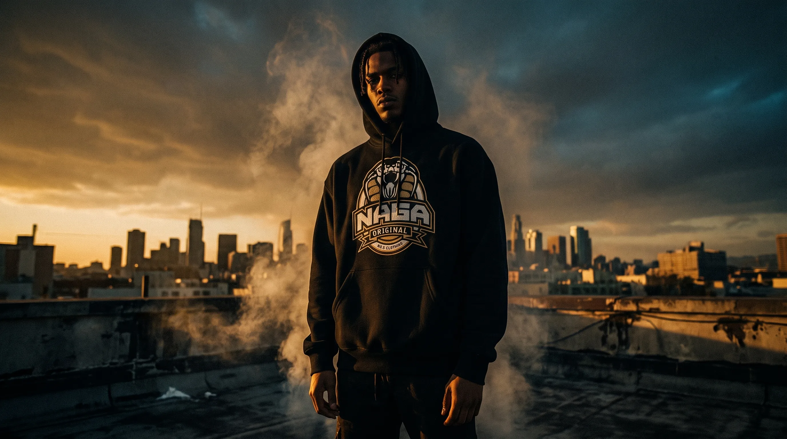 Model in a black Naga Original hoodie with real cobra logo on a rooftop at golden hour, city skyline behind