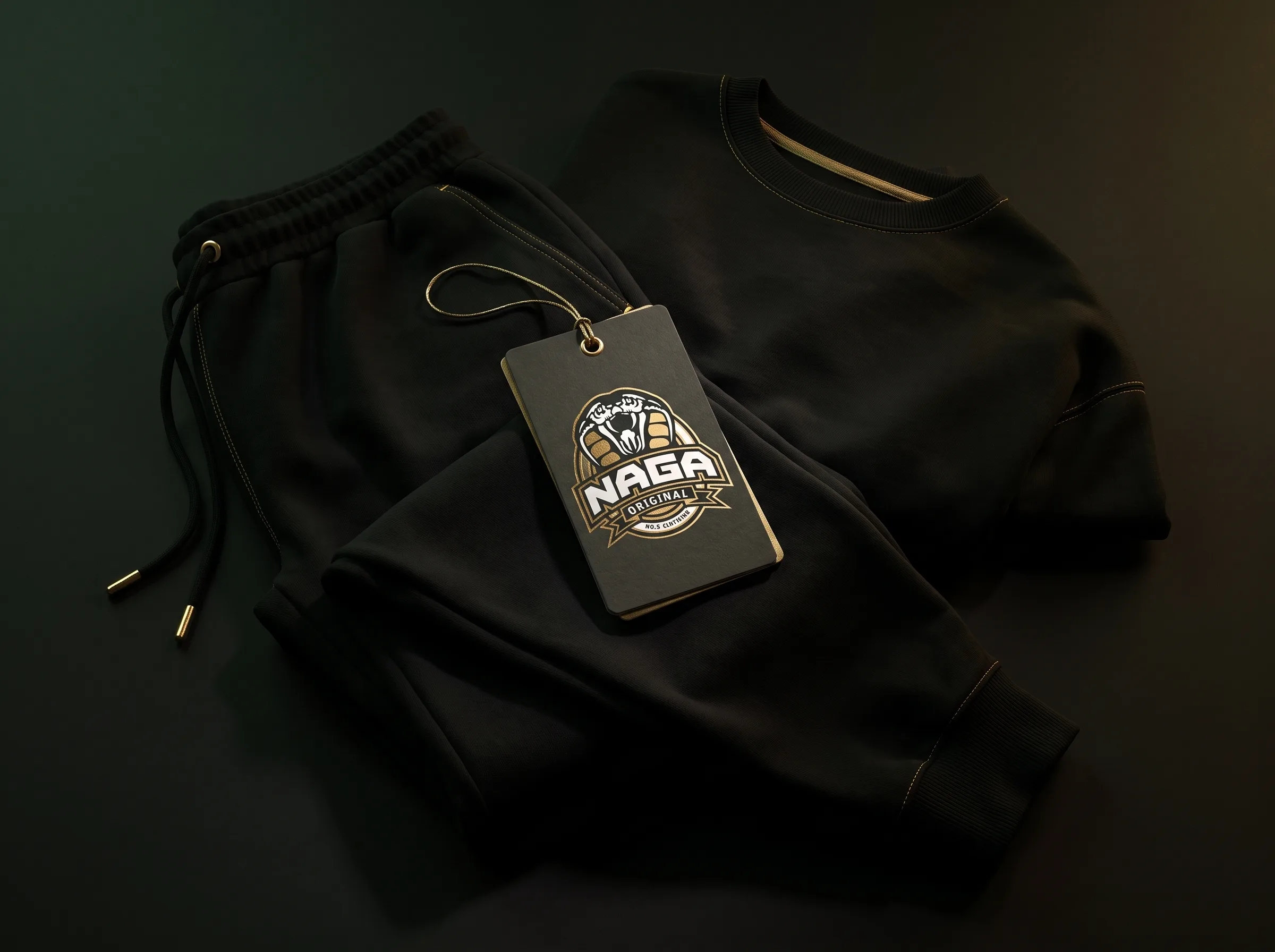 Black Naga Original crewneck and sweatpants still life with hangtag and gold hardware