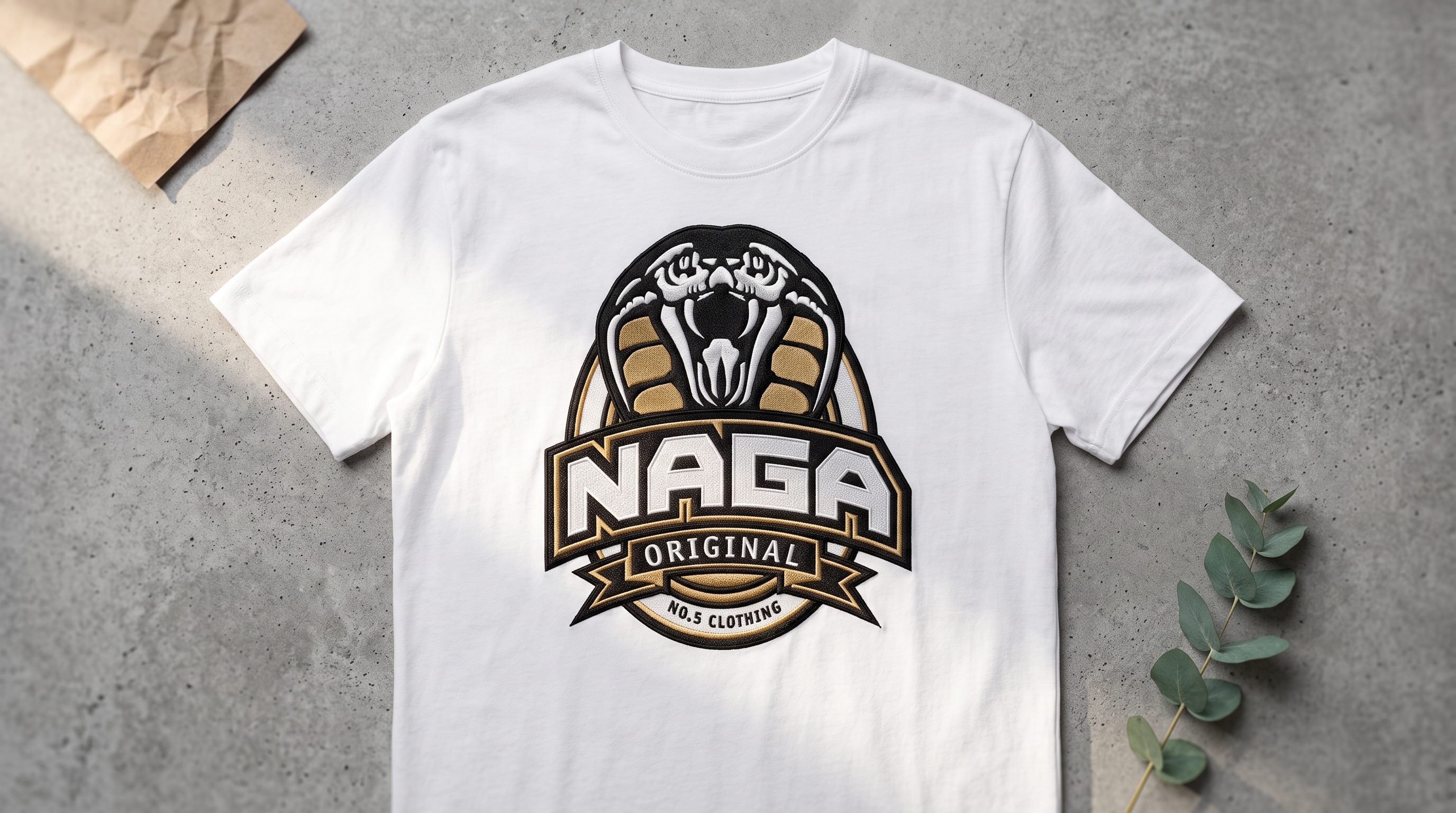 White Naga Original graphic tee flat lay on light concrete