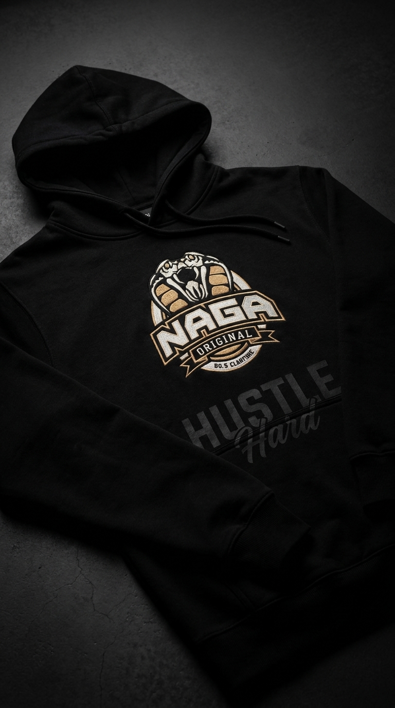 Black Naga Original hoodie with Hustle Hard graphic, flat lay on dark concrete